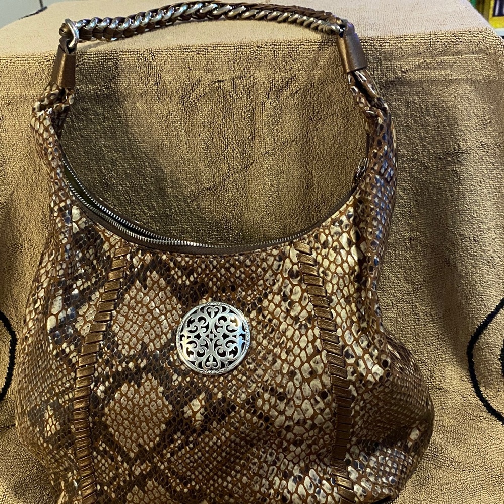 Brighton Brown Snake-Embossed Shoulder Bag with Silver Medallion